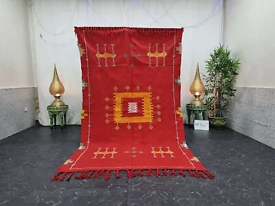 Moroccan Handmade Cactus Silk  5'x8'2'' Sabra Abstract Red Yellow Rug • $399