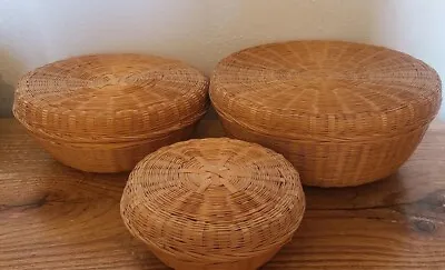 Set 3 Vintage Round Woven Nesting Lidded Baskets Boho Handmade Storage Natural • $29.95