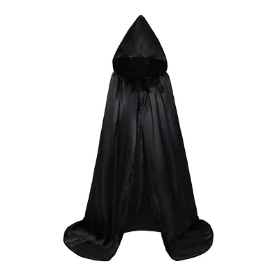 Halloween Adult Cloak Cape Satin Medieval Costume Hooded Cloak Renaissance Black • £8.39