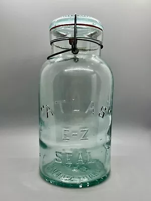 Vintage Atlas E-Z Seal 2 Quart Aqua Blue Glass Canning Jar With Bale & Lid • $12