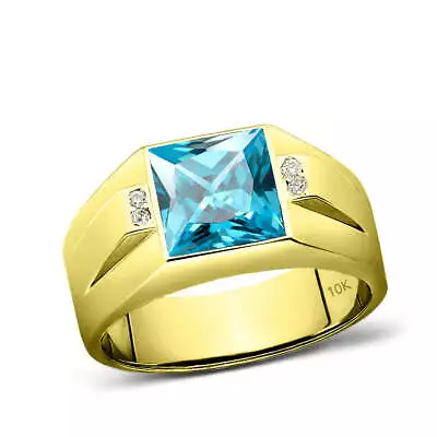 Solid 10K Yellow Gold Aquamarine Mens EXCLUSIVE Heirloom Jewelry 4 Diamonds Ring • $649