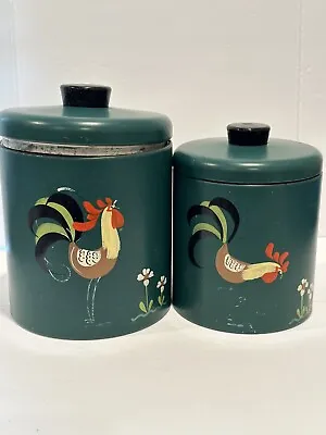 2 Vintage Green Hand Painted Rooster Ransburg Canisters Farmhouse Kitchen • $45
