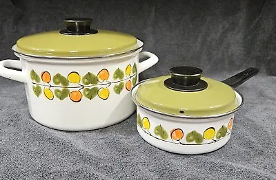 Austria Email Enamel 7  And 9.5  Pots With Lids Cookware Green/Yellow/Orange • $24.99