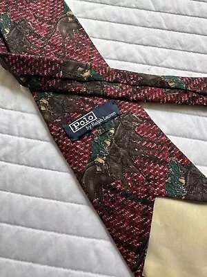 Vintage Ralph Lauren Brown Red & Green Silk Neck Tie Horse & Jockey Print NEW • $44.99