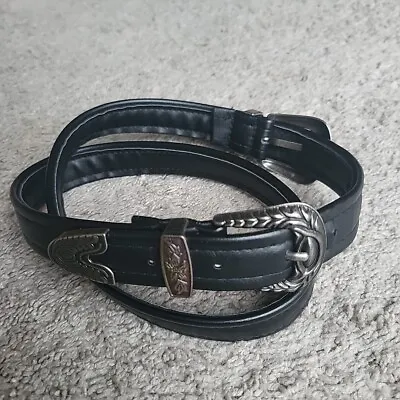 Vintage Western Belt Women 36 Black Tooled Faux Leather Casual Silver Buckle • $12.90