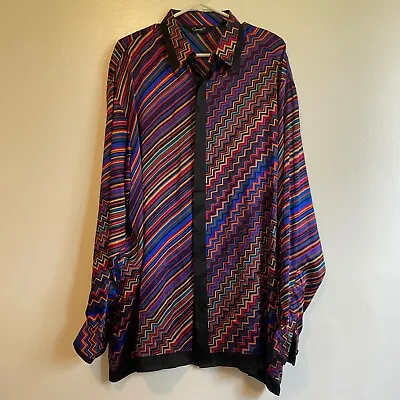 Vintage Genelli 100% Silk Modern Rainbow Stripe Button Up Shirt Mens XL • $185
