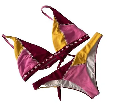 Tigerlily Bikini Set S Bottoms M Top Pink Yellow Designer Boho Cheesecloth • $25