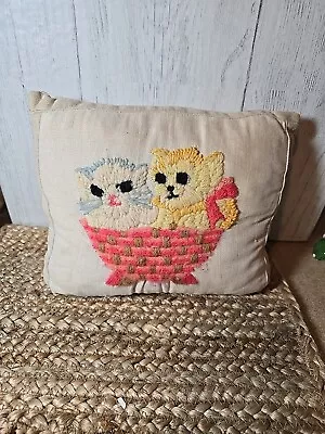 Vintage Yarn Needlepoint Embroidered Cat Picture Small Pillow 10  • $12