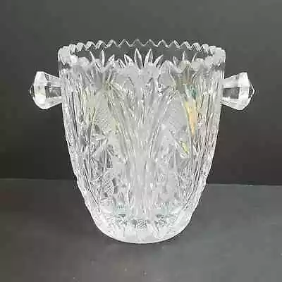 Lead Crystal Pressed Glass Vtg Ice Bucket W/ Sawtooth Edges & Knob Handles • $22.50