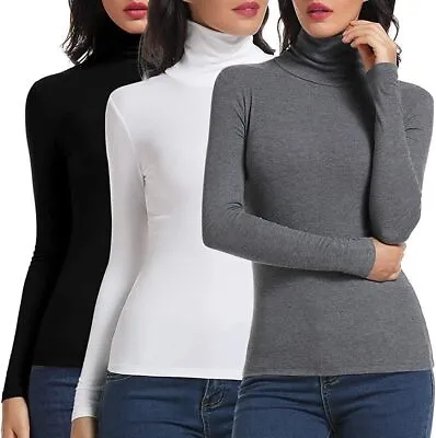 £4.75 • Buy Ladies Women's Polo Neck T-shirts Turtle Neck Plain Vest Top Long Sleeve 8-26