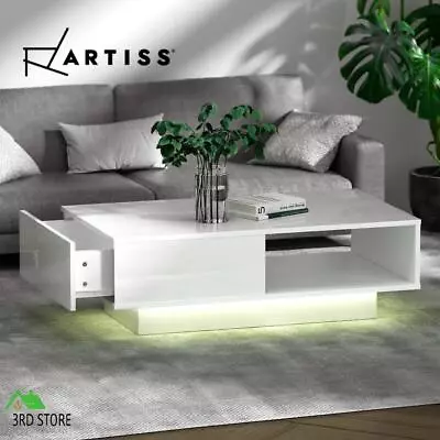 Artiss Coffee Table LED Lights High Gloss Storage Drawer Modern Furniture White • $102.60