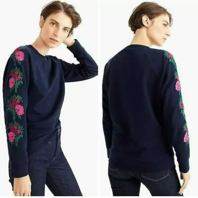 J. Crew Sweatshirt Small Navy Blue Floral Embroidered Crew Neck Pull Over Pink • $39.99