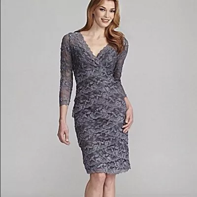 Marina Woman’s Dress-Sequin Lace Scalloped V-Neck Dark Gray-Beaded Sheath Sz 10 • $57.96