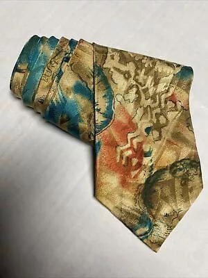 FLIC Jazz Abstract Multicolor Tan Blue 100% Silk Hand Made Mens Tie W 4” L 57” • $29.95