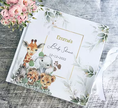 Personalised Safari  Baby Shower Hard Cover Guest Book / Scrapbook Memory Album • £18.99