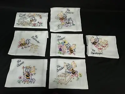 Set Of 7 Hand Embroidered Linen Dish Towels Honey Bee Pattern • $68.40