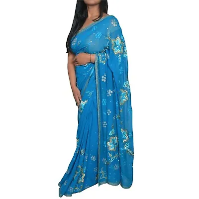 $75 • Buy Sanskriti Vintage Blue Sarees Pure Georgette Hand Beaded Lehenga Sari Fabric