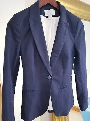 H&M Navy Blue Linen Cotton Button Front Blazer Jacket US 6 UK 8 • £9.99