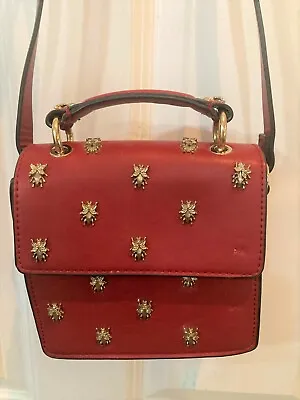 Zara Basic Women's Red Crossbody Purse With Top Handle Handbag Silver Bee Studs • $14.44
