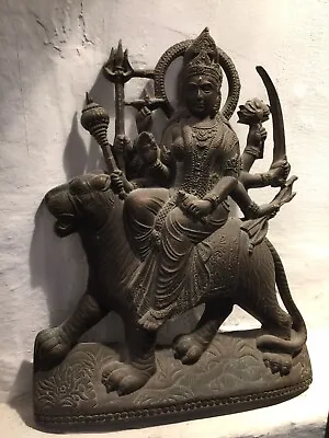 $599 • Buy Durga Supreme Hindu Goddess Riding On Tiger Statue Bronze India Antique Wallhang