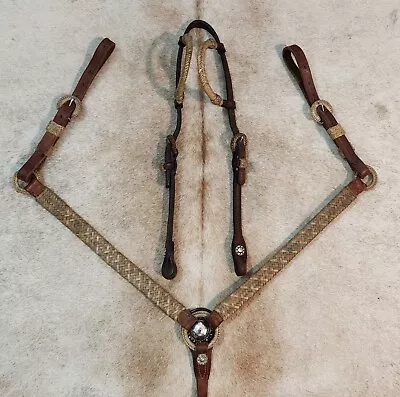 Custom Ranch Rawhide & Sterling Silver Headstall / Breast Collar Show Bridle Vtg • $520