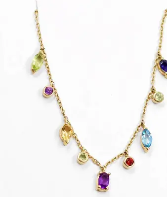 14K Yellow Gold Over Station Necklace With Rainbow Multi-Gemstone 20  Chain Long • $144.99