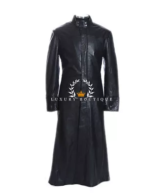 Neo Matrix Black Men's Lambskin Leather Full-Length Overcoat Movie Trench Coat • $273.91