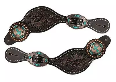 Showman Ladies Floral Tooled Chocolate Leather Spur Straps W/ Vintage Cross • $30.99