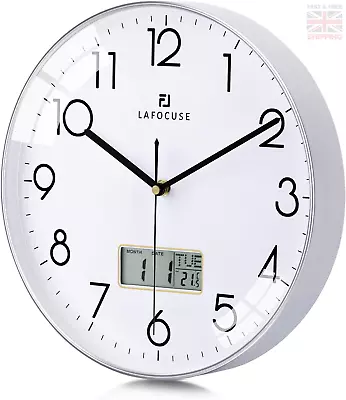 Lafocuse Silent Kitchen Wall Clock With Date And Day TemperatureSilver Wall • £22.24