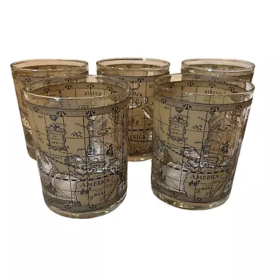 5 Vintage Cera Old World Map Lowball Barware Glasses Cocktails MCM Old Fashioned • $88