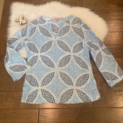 $21.70 • Buy Island Company Linen Beach Tunic Top Blue White Size XL Geometric Print