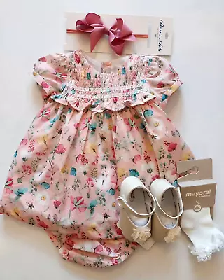 New Mayoral  Baby Floral Smocked Cotton Dress/bloomers 4-6  Months NWT • $37.99