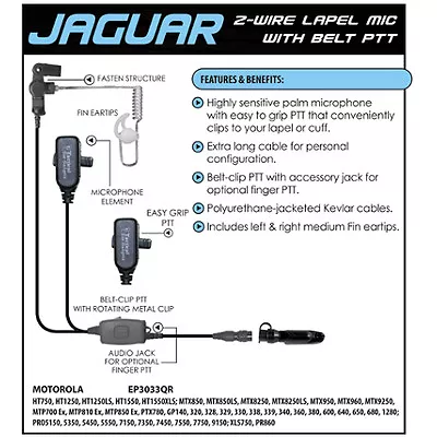 JAGUAR Quick Release Earpiece For Motorola PRO EX GL GP PTX Radios (See List) • $110.40