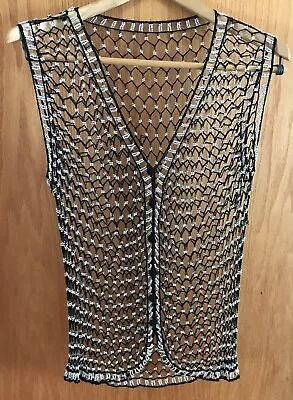 Vintage Beaded Crocheted Black Tiny Silver Beads  Button Up Fishnet Women's Vest • $40