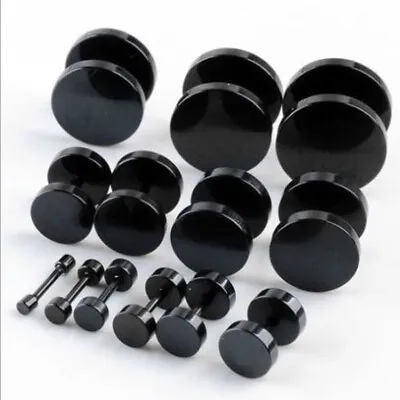 Black Stud Earrings Men Women Faux Gauges Ear Tunnel Stainless Steel Earring ☆ • $1.29