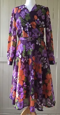 Vintage 1970s Floral Chiffon Wrap Front Dress Purple And Orange L • £25