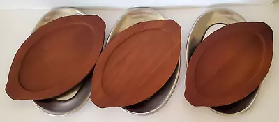 Vintage MCM Stainless Steel Oval Serving Tray Platter W/ Wood Inserts (lot Of 3) • $15.99