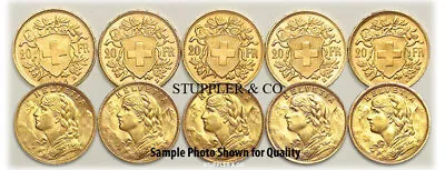 Lot Of 10 Post 1933 20 Francs Swiss Gold Helvetia Brilliant Uncirulated Coin • $4679.83