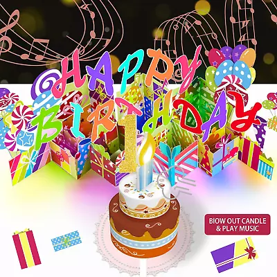 1ST Birthday Card Blowable Musical Birthday Popup Card With LED Light Candle So • $22.46