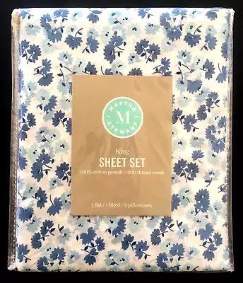 Martha Stewart 4pc King Sheet Set Floral Blue/White 100% Cotton Percale. NEW • $59