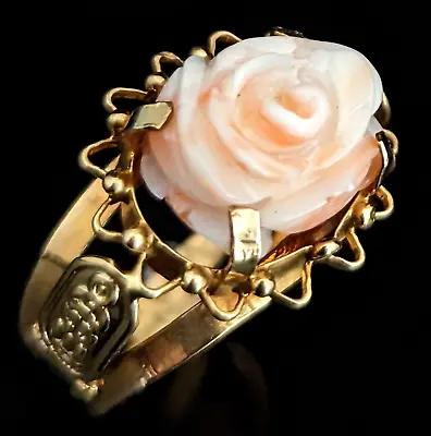 Vintage Carved Coral Rose 14k Yellow Gold Ring Estate Egypt Cocktail Statement • $347