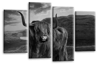 Framed Scottish Highland Wall Art Grey White Cow Split Picture Panel • £28.99