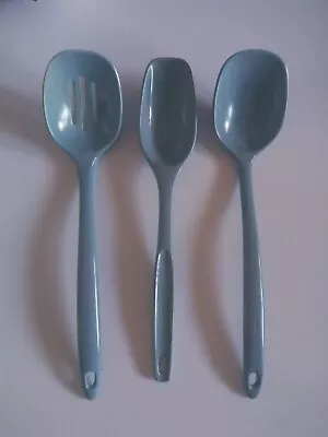 Blue Foley & Melamine Slotted Solid Serving Spoon Vintage Utensils Set Lot Of 3 • $26.99