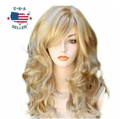 Womens 23  Golden Blond Heat Resistant Long Volume Curly Wavy Hair Full Wig USA{ • $16.89