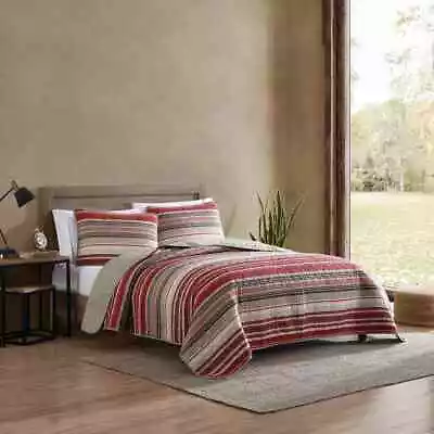 King Quilt Set Southwest Cabin Lodge Farm Green Beige Red Stripe Lightweight 3Pc • $137.95