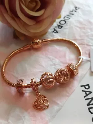 Pandora  Rose Gold Plated  Genuine  Bracelet  With Charms 19cm • £22