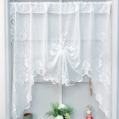 White Vintage Embroidered Lace Sheer Kitchen Curtain Swag Valance Rod Pocket • $14.39