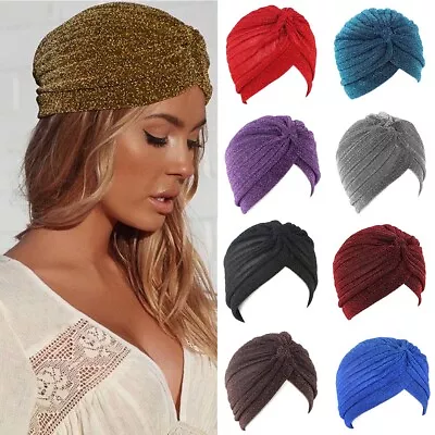Women Glitter Muslim Cancer Chemo Turban Hats Hair Cap Headwear Head Wrap Cover↷ • $2