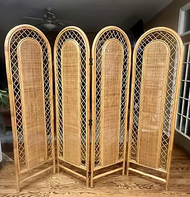 Vintage Mid Century Wicker Bamboo 4 Panel Room Divider Screen Butterfly Hardware • $285