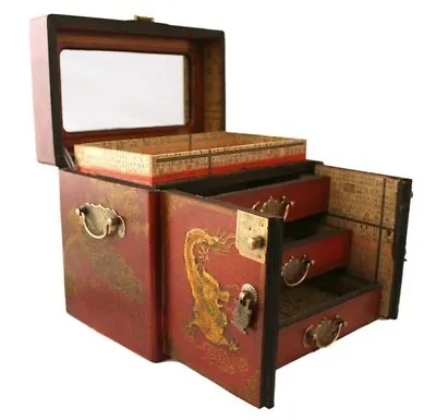 Asian Home Vintage Chinese Jewelry Keepsake Box With Leather Surface And Drawers • $45.29